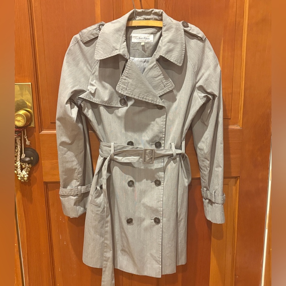 Calvin Klein Double Breasted Cotton Buckle Waist Trench Coat